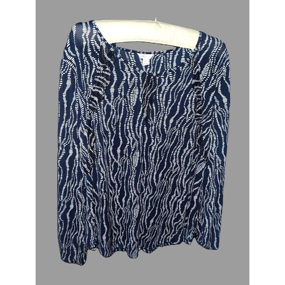 Cato Printed Ruffle Navy White Long Sleeve Blouse - Large - Picture 1 of 2